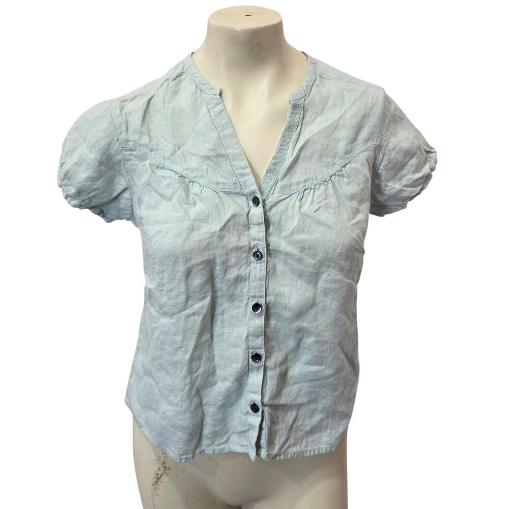 J. Jill Petite 100% Linen Button Front Blouse Light Blue Puff Sleeve SP